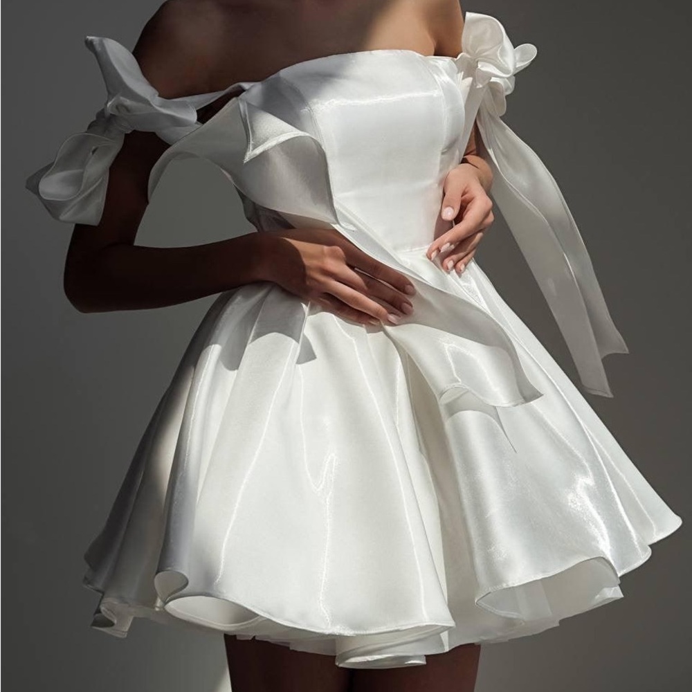 Off-Shoulder Satin Mini Dress with Bow Detail